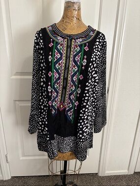Calessa polka dot embroidered blouse xl NEW mixed print lightweight boho spring
